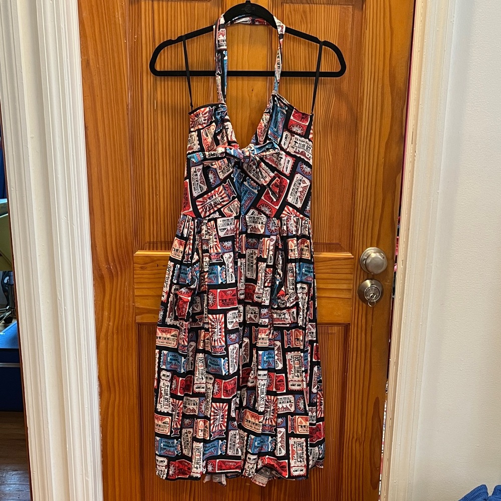 Unique Vintage Ticket Print Halter Swing Dress - Picture 2 of 6
